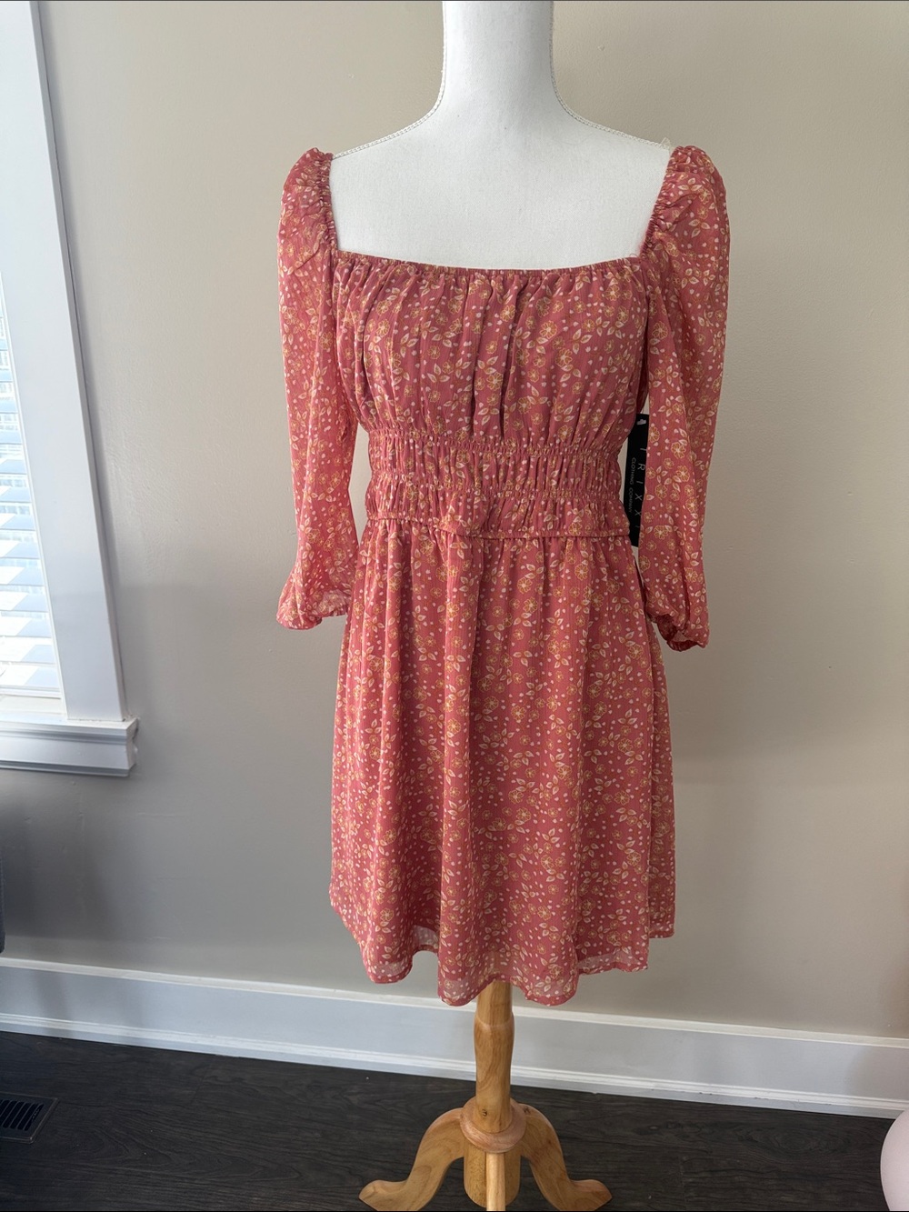 Trixxi Dusty Rose Floral Square Neck Mini Dress